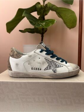 Women | Super-Star Sneakers with Silver Glitter Star & Leopard-Print Suede Heel